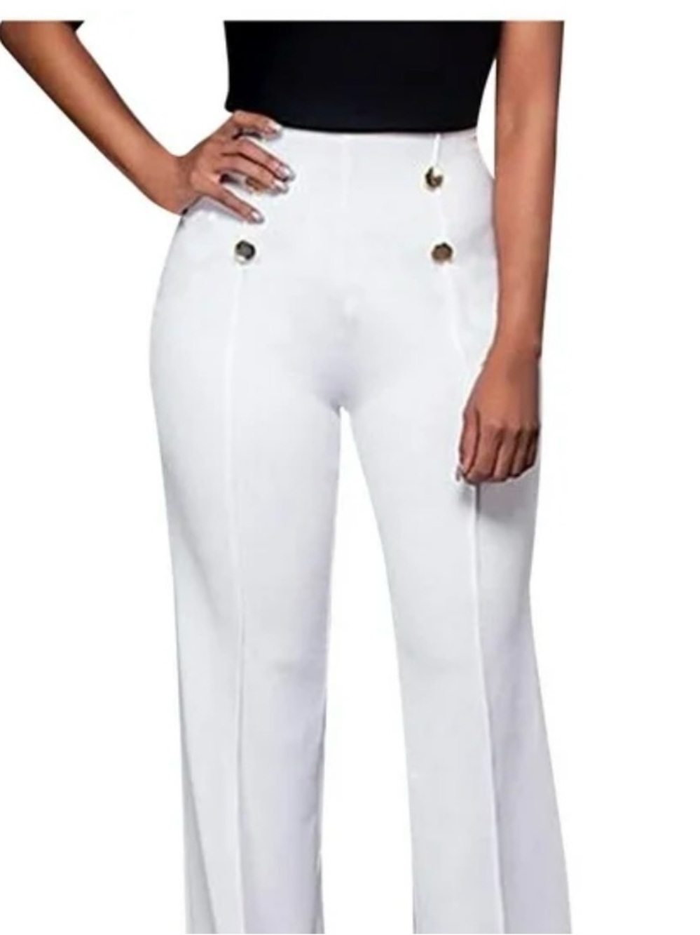 High-Waist White Wide-Leg Pants with Gold Buttons
